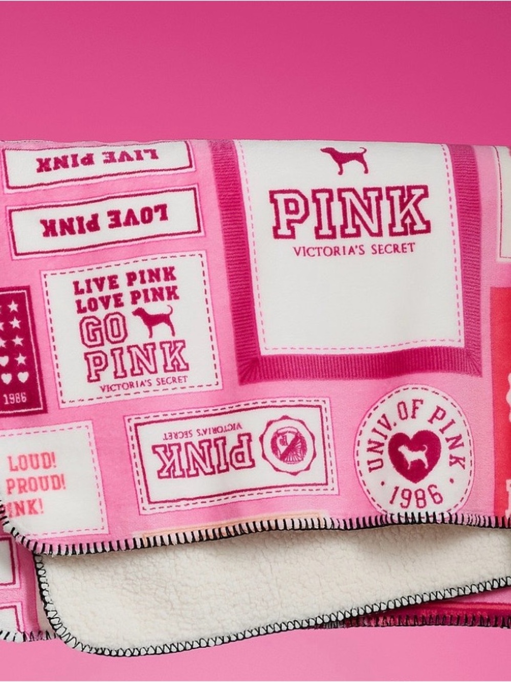 PINK Victoria's Secret Plush Logo Patch Throw Blanket in Hot Pink and White